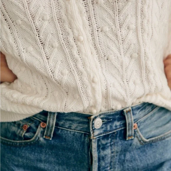 Sezane Cream V-Neck Cable Knit Sweater - Picture 2 of 12